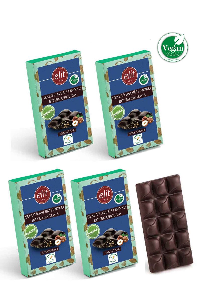 Fındıklı, Şeker İlavesiz, Vegan ve Prebiyotik Bitter Çikolata 60g 5'li Set (5x60g) Glutensiz - 1