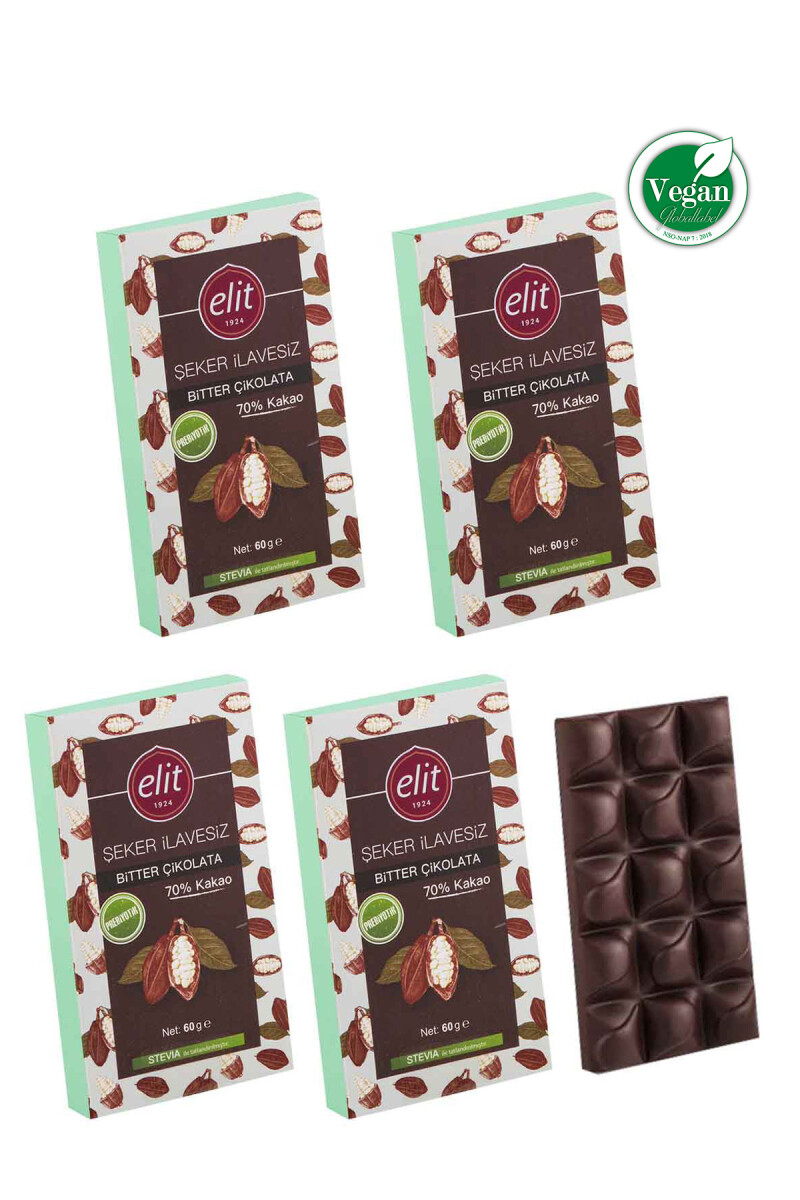 Şeker İlavesiz, Vegan ve Prebiyotik Bitter Çikolata 60g 5'li Set (5x60g) Glutensiz - 1